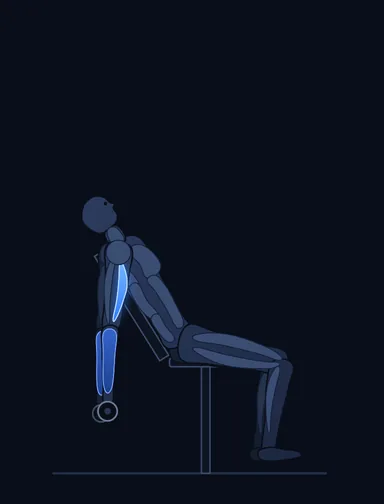 Alternate Incline Dumbbell Curl, start position, with the working muscles highlighted