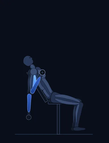 Alternate Incline Dumbbell Curl, finish position, with the working muscles highlighted