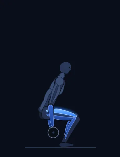 Barbell Hack Squat, finish position, with the working muscles highlighted