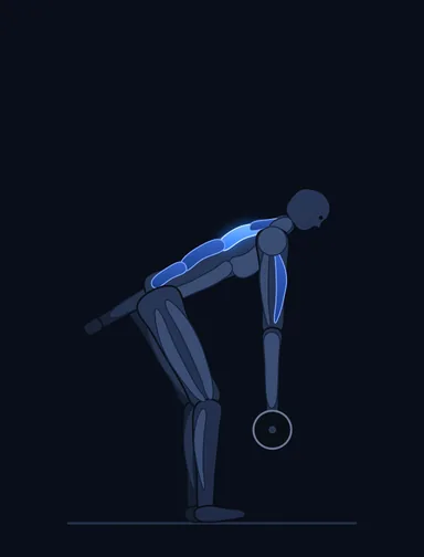 Bent Over One-Arm Long Bar Row, start position, with the working muscles highlighted