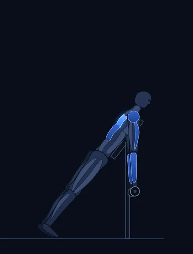 Dumbbell Incline Row, start position, with the working muscles highlighted