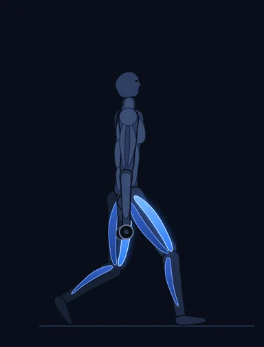 Dumbbell Lunges, start position, with the working muscles highlighted
