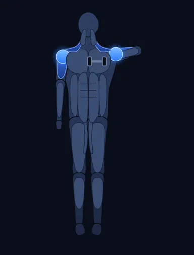 Dumbbell One-Arm Upright Row, finish position, with the working muscles highlighted
