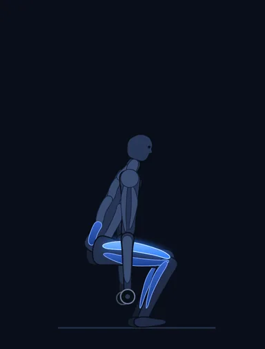 Dumbbell Squat to a Bench, finish position, with the working muscles highlighted