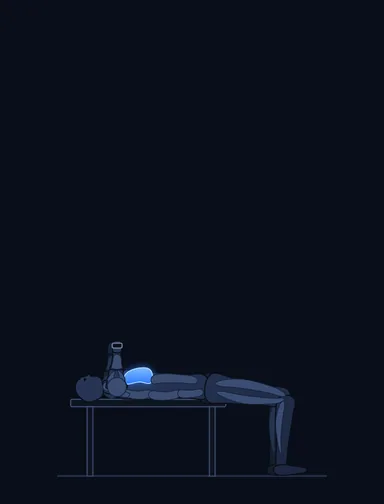 Flat Bench Cable Flyes, start position, with the working muscles highlighted