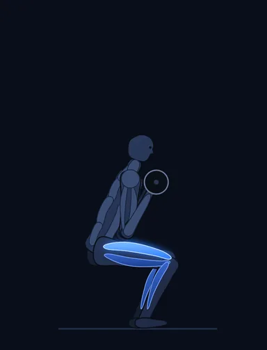 Front Barbell Squat to a Bench, finish position, with the working muscles highlighted