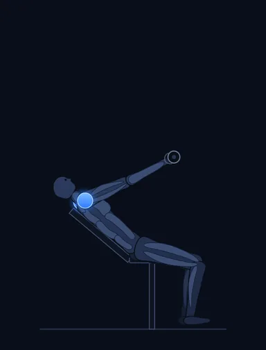 Front Incline Dumbbell Raise, finish position, with the working muscles highlighted