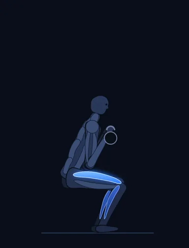 Front Squats with Two Kettlebells, finish position, with the working muscles highlighted