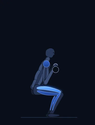 Goblet Squat, finish position, with the working muscles highlighted