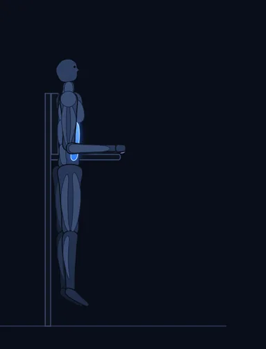 Knee/Hip Raise on Parallel Bars, start position, with the working muscles highlighted