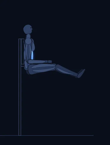 Knee/Hip Raise on Parallel Bars, finish position, with the working muscles highlighted