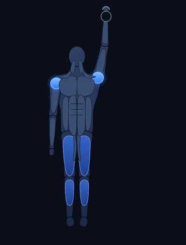 One-Arm Kettlebell Push Press, finish position, with the working muscles highlighted