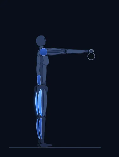 One-Arm Kettlebell Swings, finish position, with the working muscles highlighted