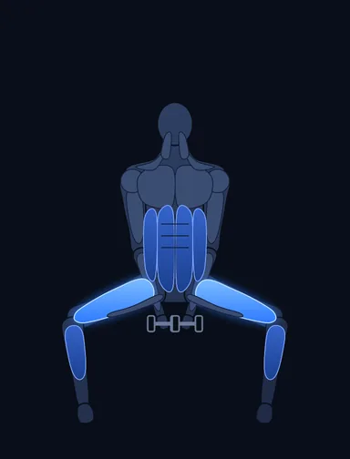 Plie Dumbbell Squat, finish position, with the working muscles highlighted