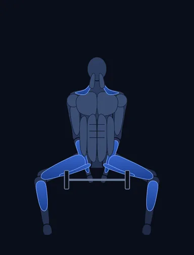 Reverse Band Sumo Deadlift, finish position, with the working muscles highlighted