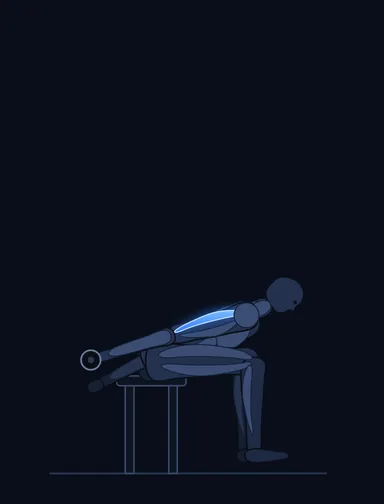 Seated Bent-Over One-Arm Dumbbell Triceps Extension, finish position, with the working muscles highlighted