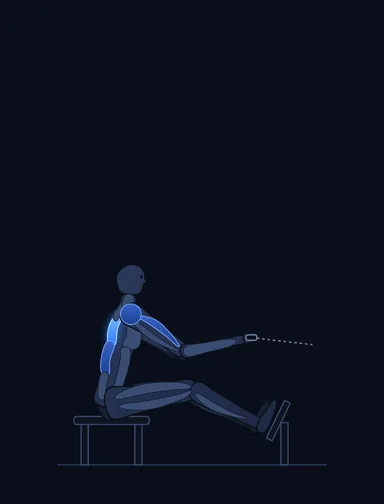 Seated Cable Rows, start position, with the working muscles highlighted