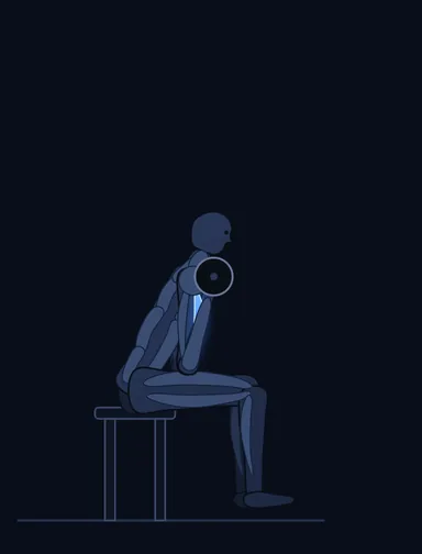 Seated Close-Grip Concentration Barbell Curl, finish position, with the working muscles highlighted