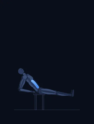 Seated Flat Bench Leg Pull-In, start position, with the working muscles highlighted