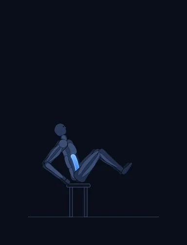 Seated Flat Bench Leg Pull-In, finish position, with the working muscles highlighted
