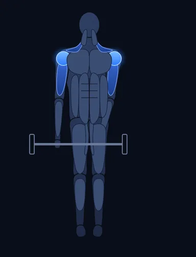 Smith Machine One-Arm Upright Row, start position, with the working muscles highlighted
