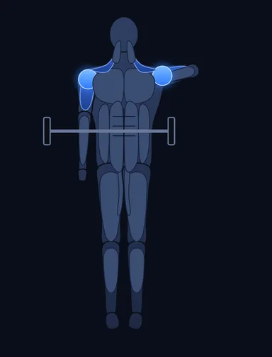 Smith Machine One-Arm Upright Row, finish position, with the working muscles highlighted