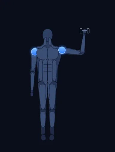 Standing Palm-In One-Arm Dumbbell Press, start position, with the working muscles highlighted