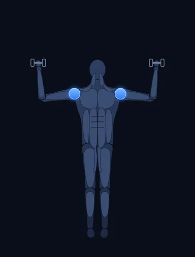 Standing Palms-In Dumbbell Press, start position, with the working muscles highlighted
