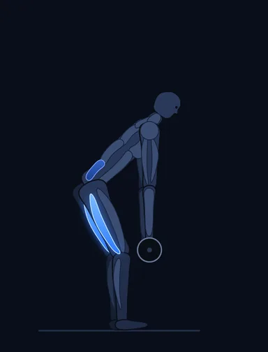 Stiff-Legged Barbell Deadlift, finish position, with the working muscles highlighted