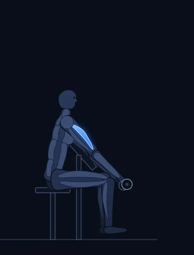 Two-Arm Dumbbell Preacher Curl, start position, with the working muscles highlighted