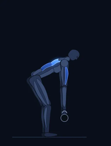 Two-Arm Kettlebell Row, start position, with the working muscles highlighted
