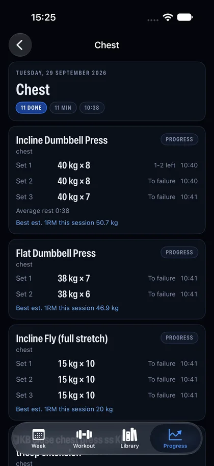A past workout with every set