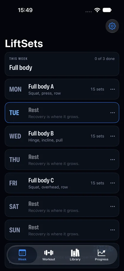 The week screen in LiftSets